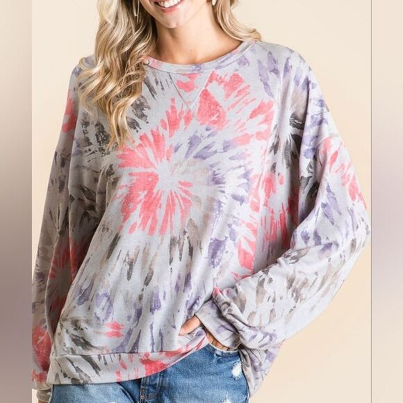 BiBi Tie Dye Print Terry Pull Over Women's Tie-Dye Long Sleeve Top sz Large - Picture 7 of 7
